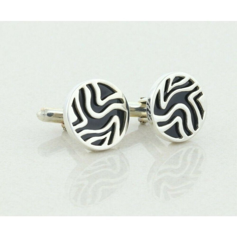Men's Sterling Silver and Black Bullet Back Cufflinks - Picture 3 of 6